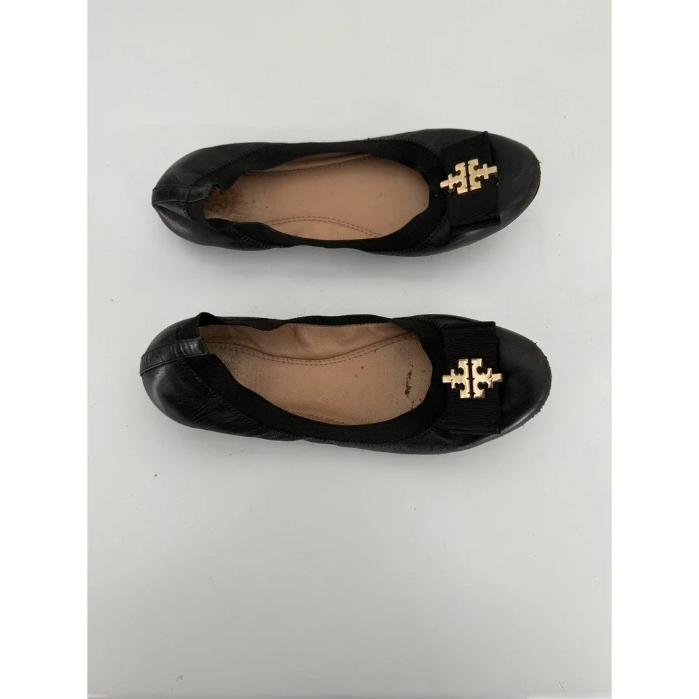 Tory Burch Liana Black Leather Bow Ballet Flats Gold Logo Hardware Round Toe 6.5